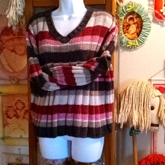 NWOT,Super Soft,Multicolored, Striped,100% Acrylic,Chenille Sweater with"V" Neck - Picture 1 of 9